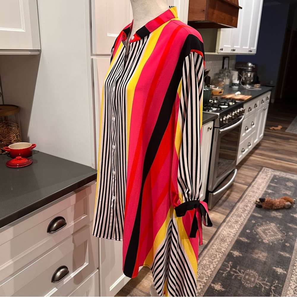 Nygard Women XL Bright Pink Stripe Tie Sleeve Button Tunic Blouse Top Colorful - Picture 7 of 10